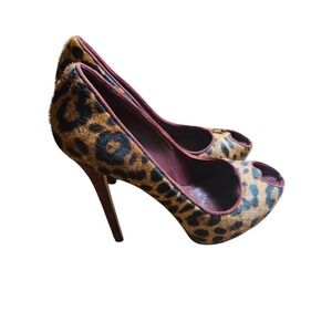 Alexander McQueen Leopard Pony Hair Heart Peep Toe Platform Pumps 38 US 8
